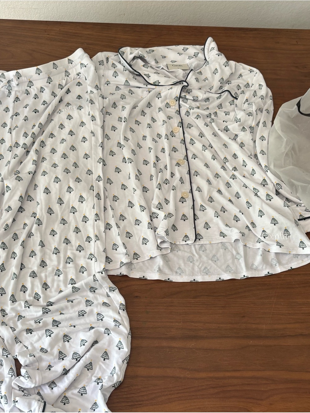 White Pajama Set with Dark Green Tree Print Comfort brand, so incredibly soft.